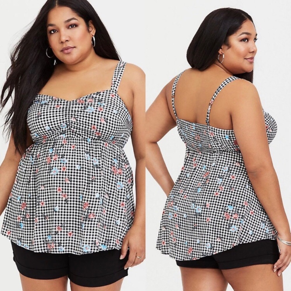 Torrid Gingham Floral Babydoll Tank, Plus Size 6
